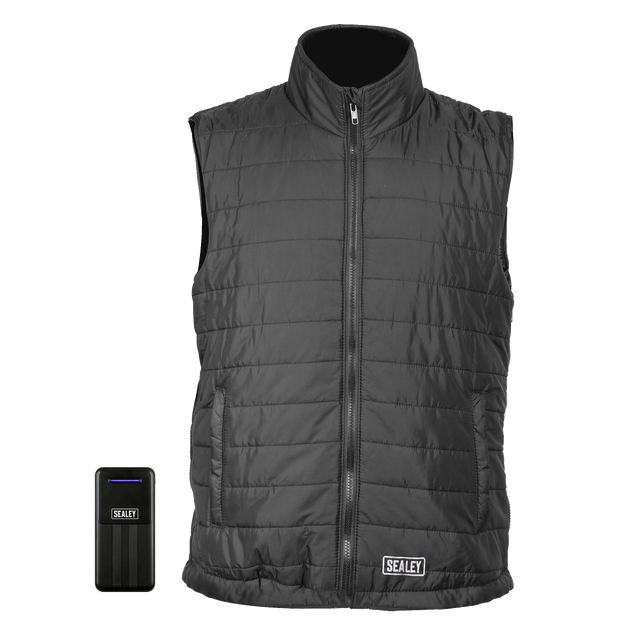 A water-resistant Sealey 5V Heated Puffy Gilet with a black quilted design, front zipper, and pockets. The gilet includes a Sealey-branded battery pack, has three heating zones, and offers an adjustable size for optimal comfort.