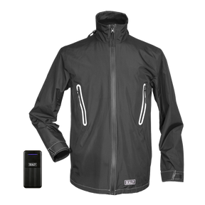 Sealey-branded 5V Heated Rain Jacket - Medium with Power Bank 20Ah (HJ06KIT) in black, featuring zipper pockets, a high collar, and adjustable cuffs. With advanced temperature control and water resistance, this jacket ensures optimal comfort. A rectangular black Sealey-branded power bank is displayed beside the jacket.
