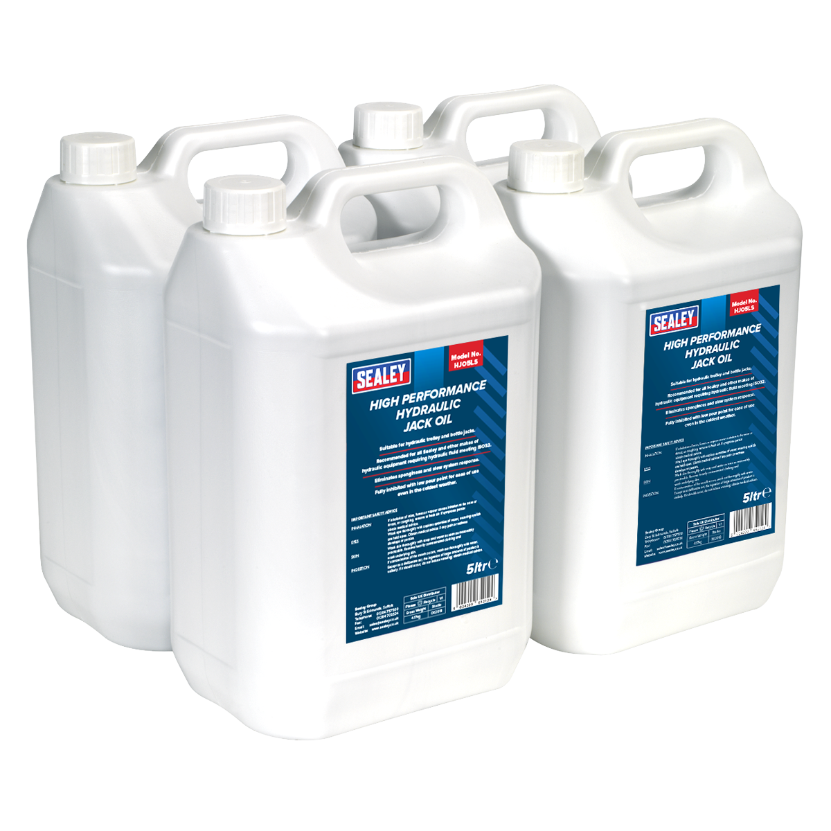 Four white five-liter containers of Sealey Hydraulic Jack Oil 5L - Pack of 4 - HJO/5L are arranged together, featuring blue labels with detailed product information. Ideal for use in jacks and cranes, this hydraulic oil ensures superior performance and longevity.