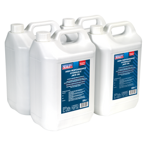 Four white five-liter containers of Sealey Hydraulic Jack Oil 5L - Pack of 4 - HJO/5L are arranged together, featuring blue labels with detailed product information. Ideal for use in jacks and cranes, this hydraulic oil ensures superior performance and longevity.