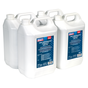 Four white five-liter containers of Sealey Hydraulic Jack Oil 5L - Pack of 4 - HJO/5L are arranged together, featuring blue labels with detailed product information. Ideal for use in jacks and cranes, this hydraulic oil ensures superior performance and longevity.