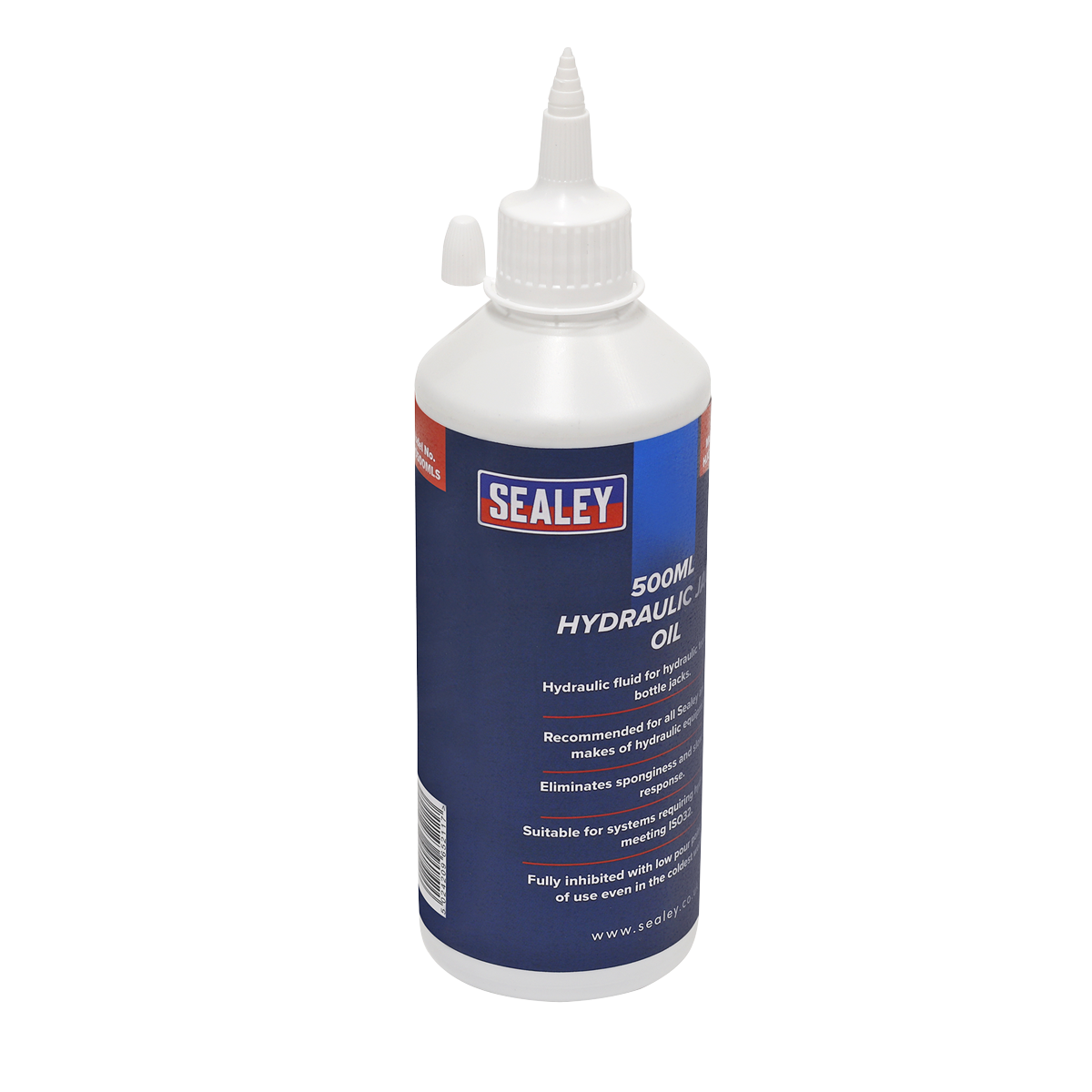 A 500ml bottle of Sealey Hydraulic Jack Oil (HJO500MLS), in white and blue, with a nozzle cap is perfect for trolley jacks and bottle jacks, featuring detailed product information on the label.