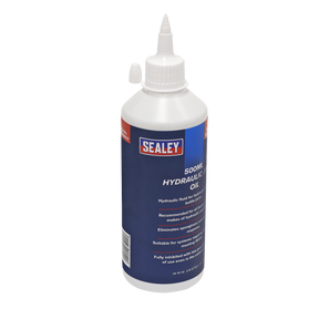 A 500ml bottle of Sealey Hydraulic Jack Oil (HJO500MLS), in white and blue, with a nozzle cap is perfect for trolley jacks and bottle jacks, featuring detailed product information on the label.