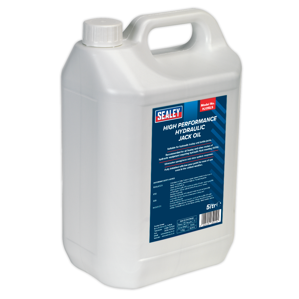 5-liter white container with a handle, labeled "Sealey Hydraulic Jack Oil 5L - HJO5LS." Specifically designed for jacks and cranes, the label includes detailed product information and usage instructions.