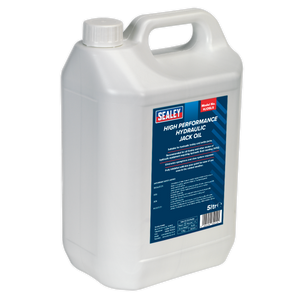 5-liter white container with a handle, labeled "Sealey Hydraulic Jack Oil 5L - HJO5LS." Specifically designed for jacks and cranes, the label includes detailed product information and usage instructions.