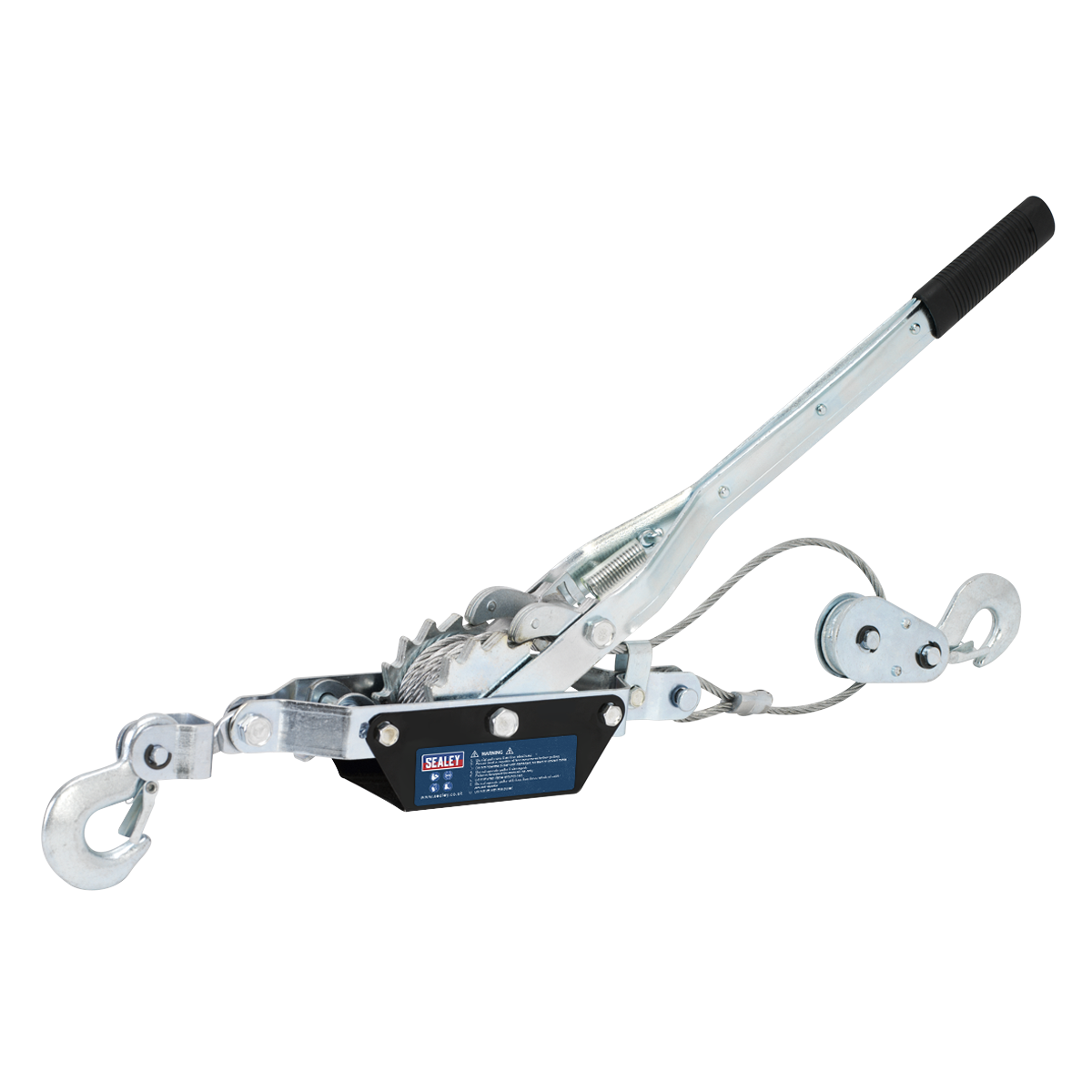 The Sealey Hand Power Puller 1000kg - HP1000 is a hand-operated winch with a lever arm, metal cable, and double hooks, featuring a ratchet safety device, commonly used for pulling or lifting tasks up to 1000kg.