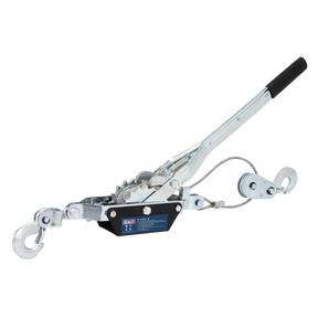 The Sealey Hand Power Puller 1000kg - HP1000 is a hand-operated winch with a lever arm, metal cable, and double hooks, featuring a ratchet safety device, commonly used for pulling or lifting tasks up to 1000kg.