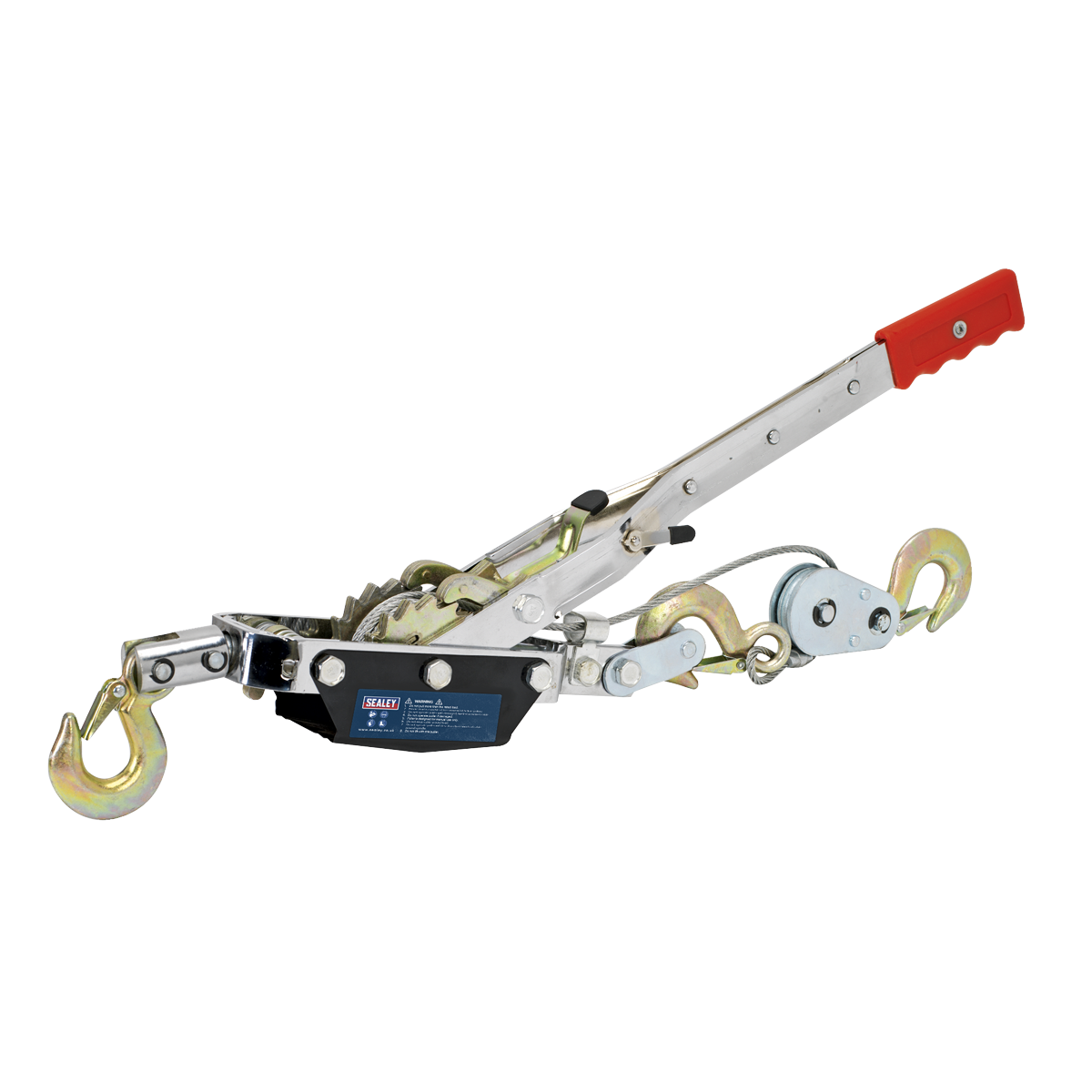 The Sealey Hand Power Puller 1500kg - HP1500 features a red handle, two hooks, and a ratcheting mechanism, making it perfect for automotive applications. This hand-operated device boasts an impressive 1500kg capacity.