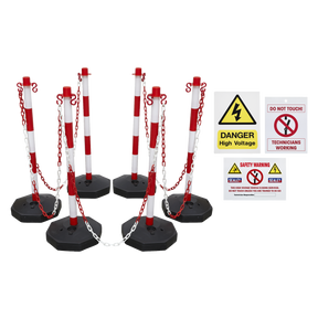 A Red/White Post & Chain Kit, ideal for areas with hybrid/electric vehicles, is composed of a set of red and white striped barrier posts with chains, complemented by high voltage warning signs stating "Danger High Voltage" and "Technicians Working." This product is available as the Exclusion Zone Kit - HP55K1COMBO from Sealey.