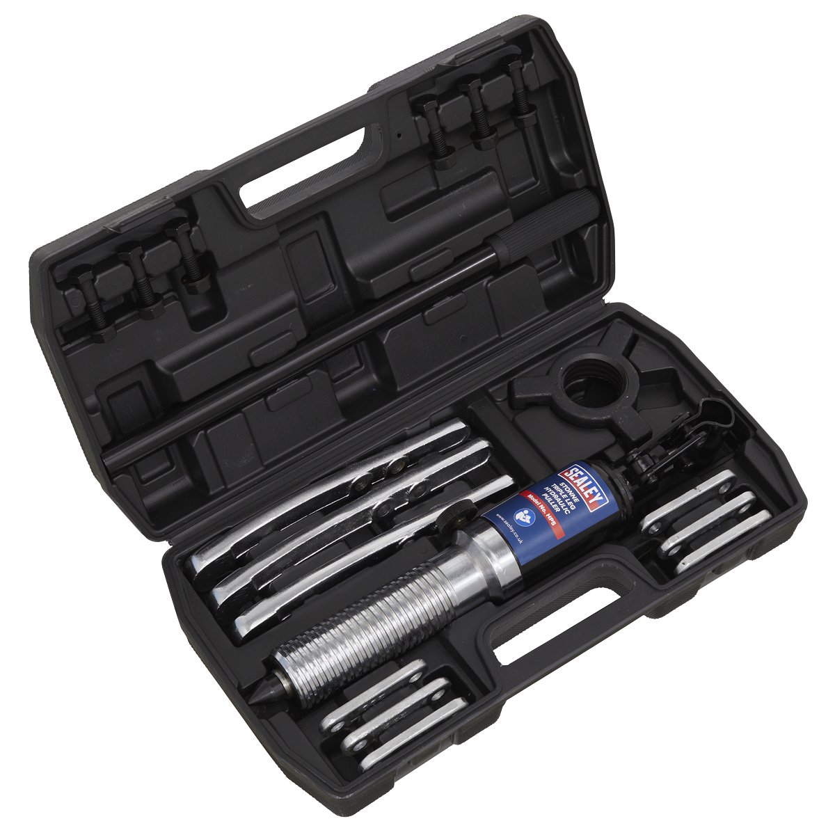 A black plastic case from Sealey contains the Triple Leg Hydraulic Puller 5 Tonne (HP5) heavy-duty puller set, complete with various metallic pullers and parts. The tools are neatly organized and securely held within specific slots in the case.