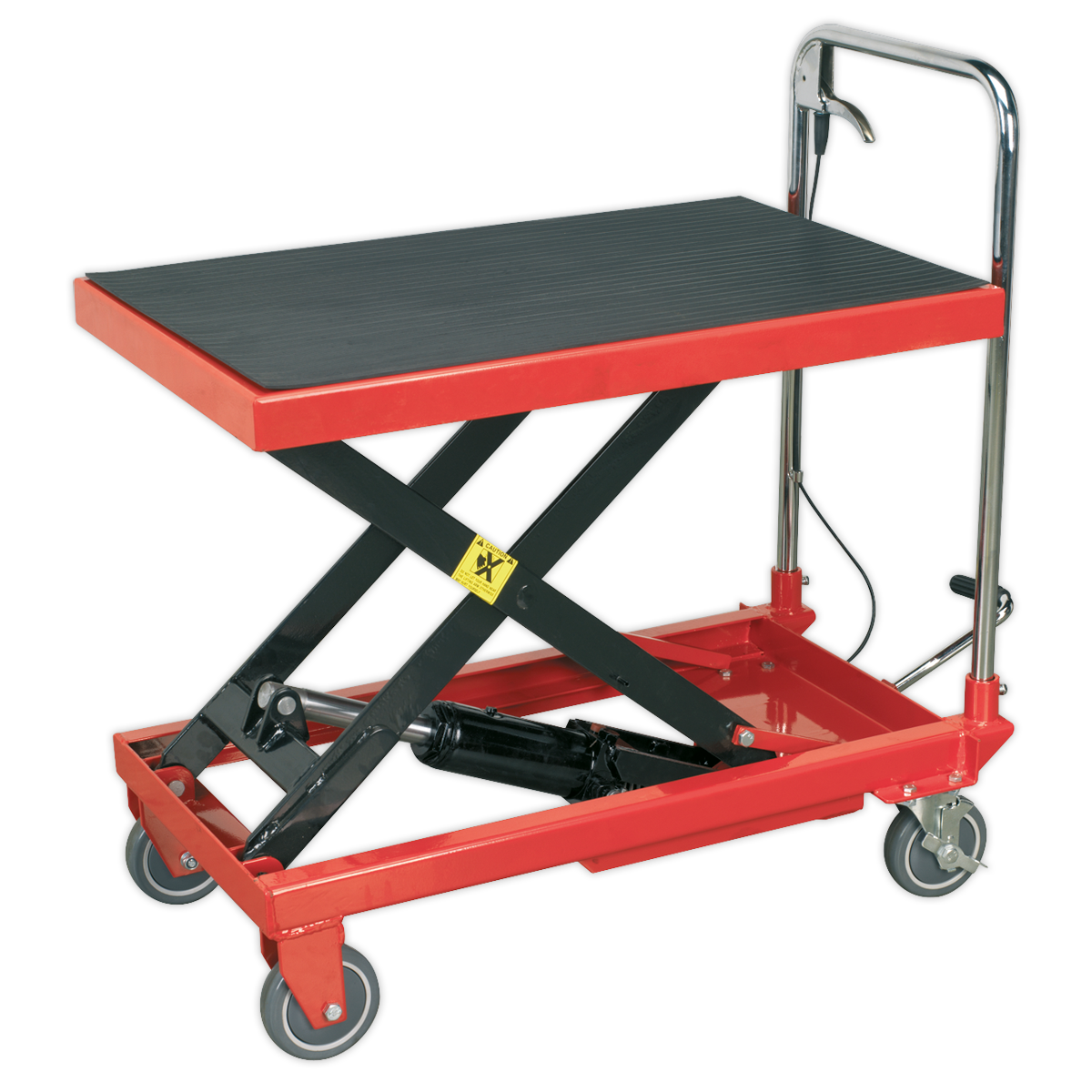 Introducing the Sealey Hydraulic Platform Truck 300kg - HPT300: This robust cart features a striking red design, complemented by a black platform, black lifting mechanism, and four wheels. Engineered for heavy-duty construction, it is equipped with a handle on one end for enhanced mobility, making it an ideal versatile mobile service bench.