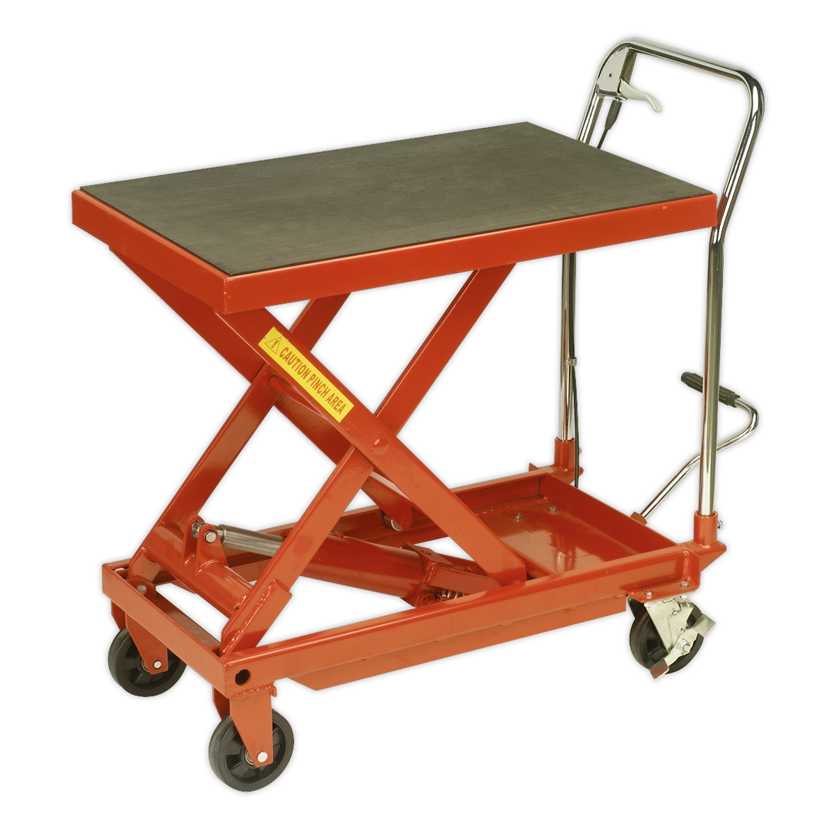 Introducing the Sealey Hydraulic Platform Truck 500kg - HPT500, a robust construction hydraulic lift table in red with a black platform, swivel wheels for easy movement, and a handle for manual maneuvering.