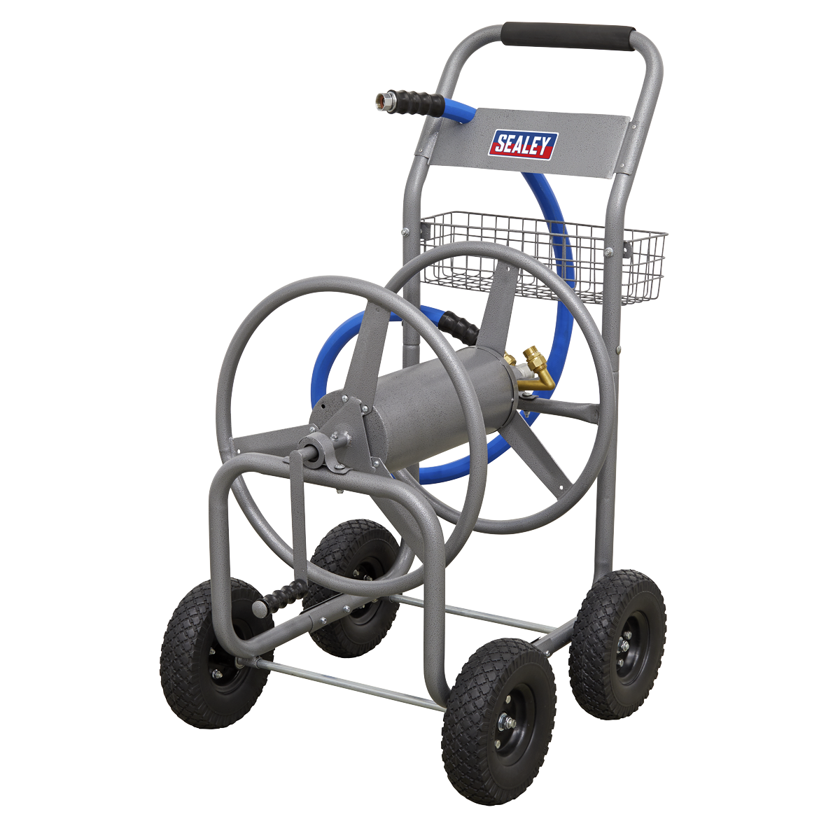 Introducing the Hose Reel Cart Heavy-Duty - HRCHD by Sealey: a four-wheeled cart constructed from lightweight tubular steel, designed for durable and efficient water hose storage. It features a black handle, a blue hose, a metal hose reel, puncture-proof wheels, and includes a small basket attached behind the reel.