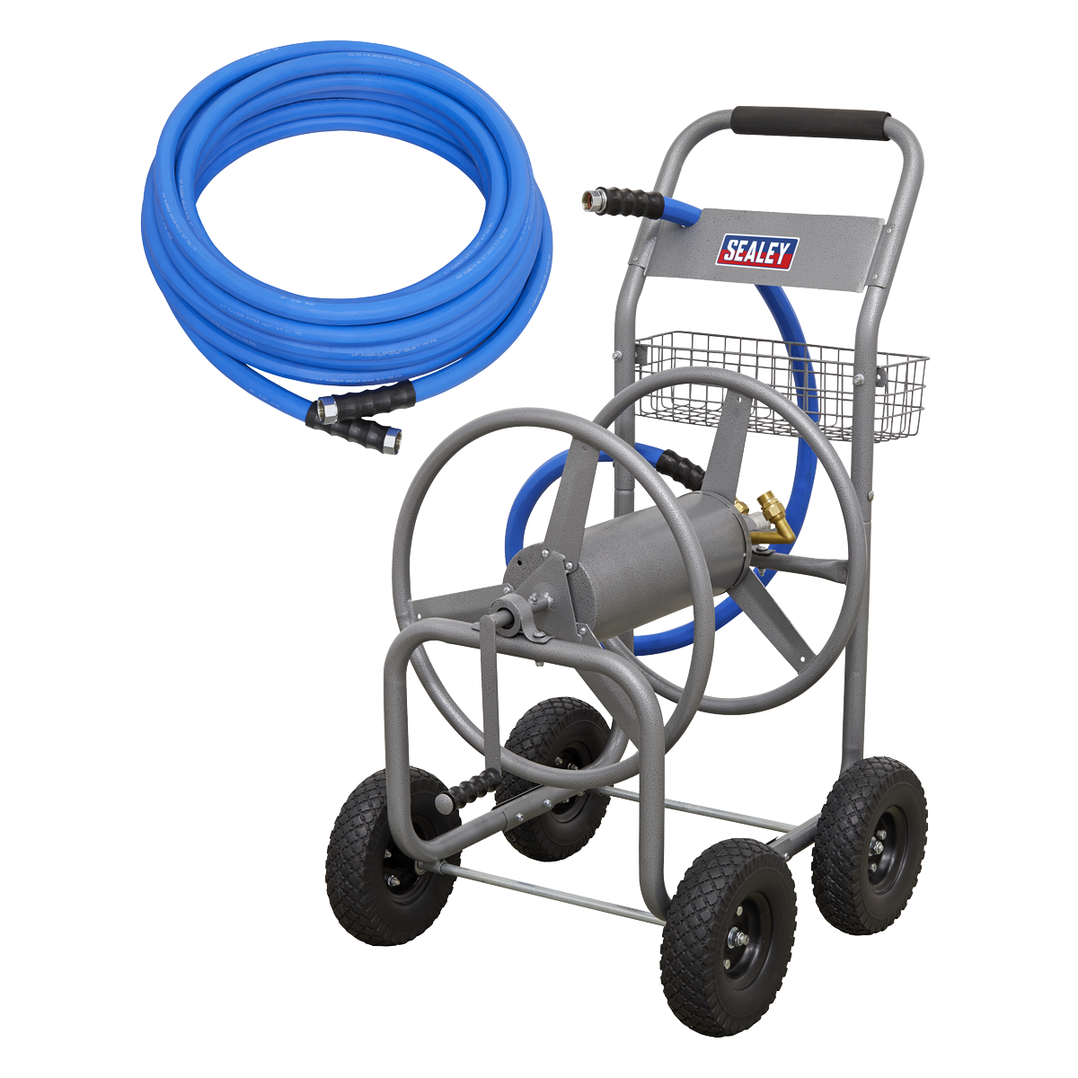 The Sealey Heavy-Duty Hose Reel Cart, equipped with an attached reel and handle, features easy maneuver wheels and a spacious hose holder. The coiled blue hose, measuring 15 meters of heavy-duty Ø19mm hot & cold rubber, includes black connectors and is supported by a durable tubular steel frame that prominently displays the brand name "Sealey.