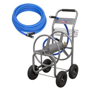 The Sealey Heavy-Duty Hose Reel Cart, equipped with an attached reel and handle, features easy maneuver wheels and a spacious hose holder. The coiled blue hose, measuring 15 meters of heavy-duty Ø19mm hot & cold rubber, includes black connectors and is supported by a durable tubular steel frame that prominently displays the brand name "Sealey.