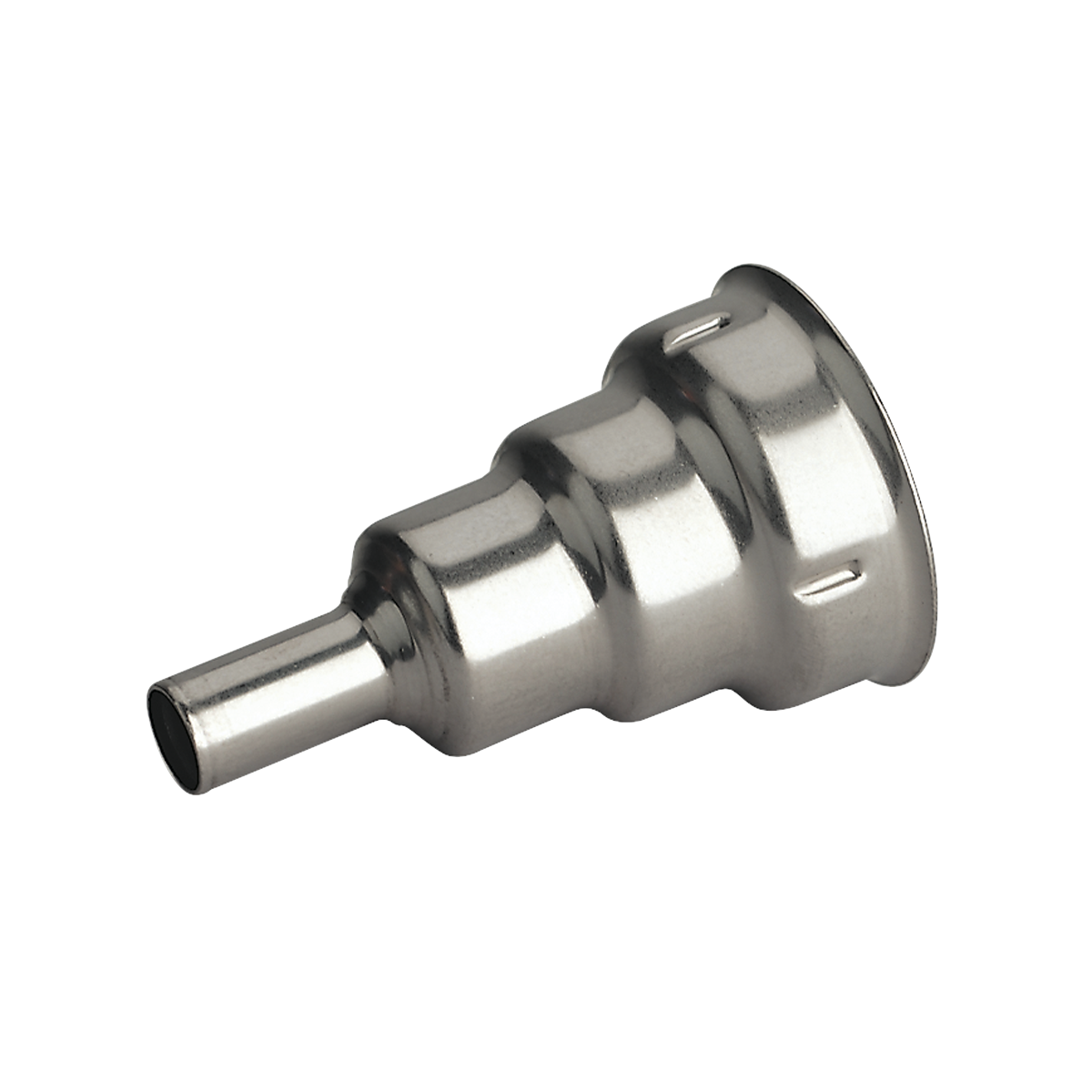 The Sealey Plastic Welding Reduction Nozzle 9mm - HS102K/3, designed for use with Model HS102 and HS102K hot air guns, features a flared, ribbed design and a narrow opening at one end.