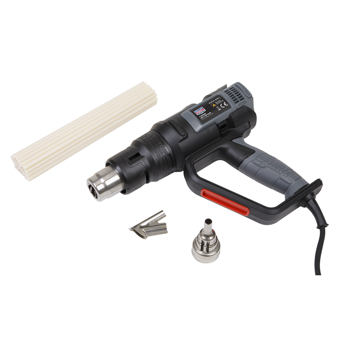 The Sealey Plastic Welding Kit, featuring the HS102 Hot Air Gun in black with a power cord, includes packs of glue sticks and plastic welding nozzles, making it perfect for any hot air gun kit.