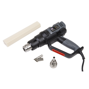 The Sealey Plastic Welding Kit, featuring the HS102 Hot Air Gun in black with a power cord, includes packs of glue sticks and plastic welding nozzles, making it perfect for any hot air gun kit.