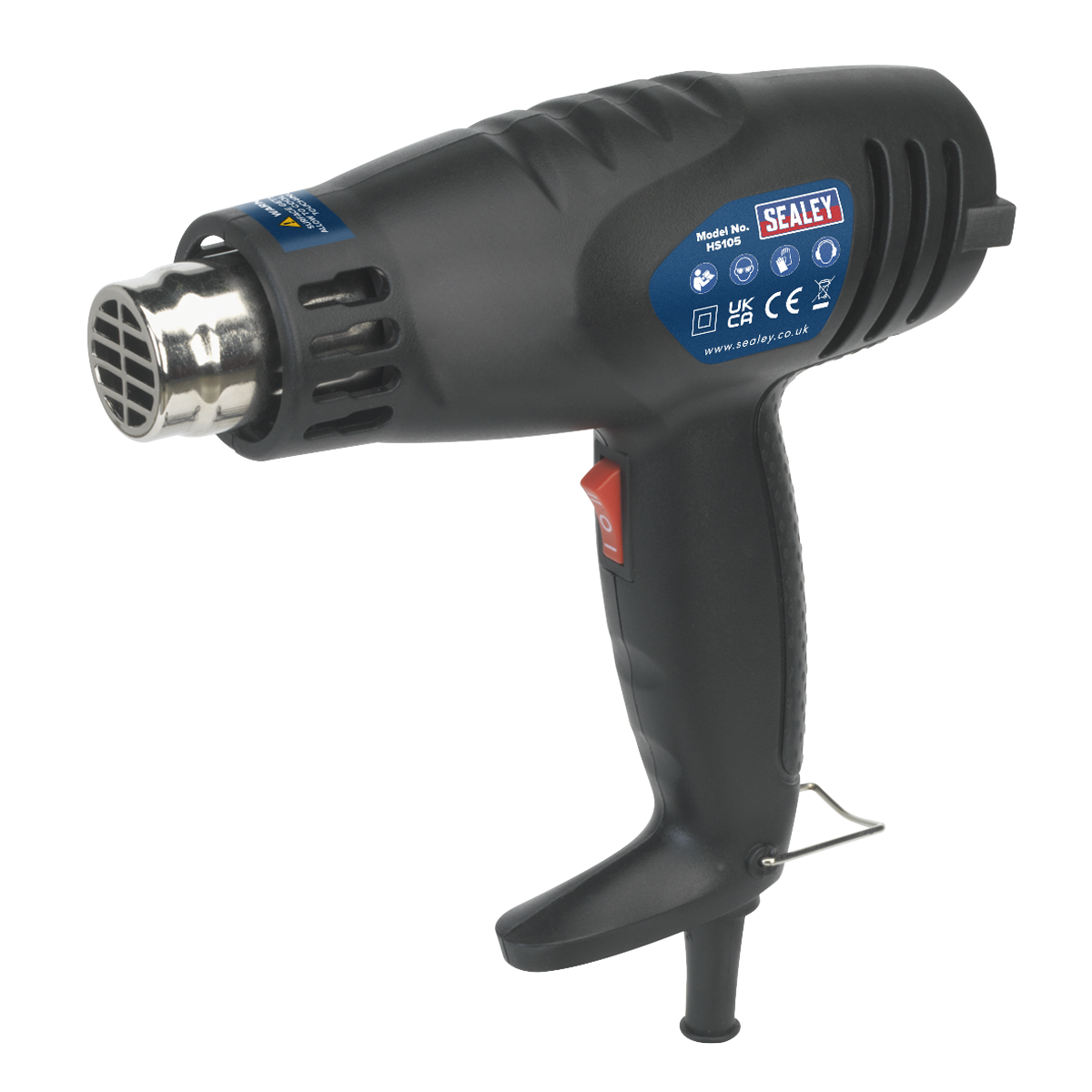 A Sealey Hot Air Gun 1600W 2-Speed 375°C/500°C - HS105 in black, featuring an ergonomic handle and temperature control along with various buttons for settings, ideal for paint stripping or defrosting frozen pipes.