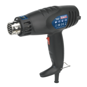 A Sealey Hot Air Gun 1600W 2-Speed 375°C/500°C - HS105 in black, featuring an ergonomic handle and temperature control along with various buttons for settings, ideal for paint stripping or defrosting frozen pipes.