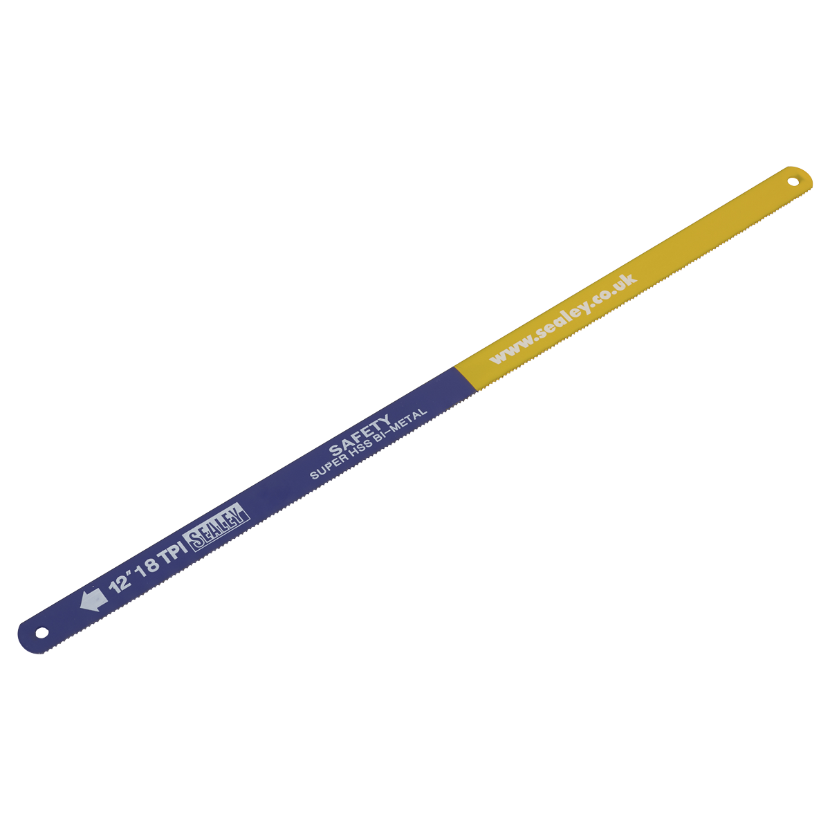 The Sealey "Hacksaw Blade 300mm HSS Bi-Metal 18tpi Pack of 2 - HSB0218," featuring a blue and yellow design and labeled "SAFETY SUPER HSS Bimetal" and "12-18 TPI SCALLEY," ensures superior performance across a wide range of materials. For more details, visit www.sealey.co.uk.