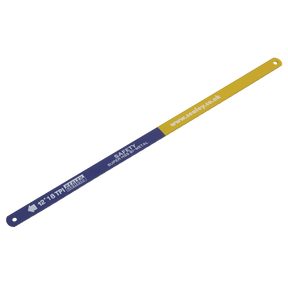 The Sealey "Hacksaw Blade 300mm HSS Bi-Metal 18tpi Pack of 2 - HSB0218," featuring a blue and yellow design and labeled "SAFETY SUPER HSS Bimetal" and "12-18 TPI SCALLEY," ensures superior performance across a wide range of materials. For more details, visit www.sealey.co.uk.