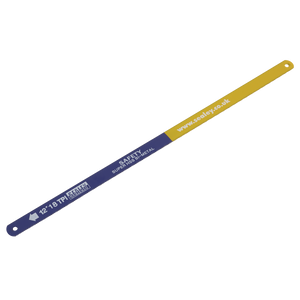 The Sealey "Hacksaw Blade 300mm HSS Bi-Metal 18tpi Pack of 2 - HSB0218," featuring a blue and yellow design and labeled "SAFETY SUPER HSS Bimetal" and "12-18 TPI SCALLEY," ensures superior performance across a wide range of materials. For more details, visit www.sealey.co.uk.