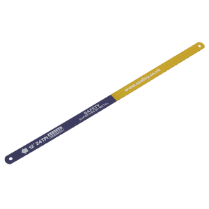 The Hacksaw Blade 300mm HSS Bi-Metal 24tpi Pack of 2 - HSB0224, labeled "Sealey," features a flexible bi-metal high-speed steel (HSS) construction and a 24 teeth per inch configuration. This superior performance tool boasts blue and yellow sections and a hole at one end, designed to cut through a wide range of materials effortlessly.