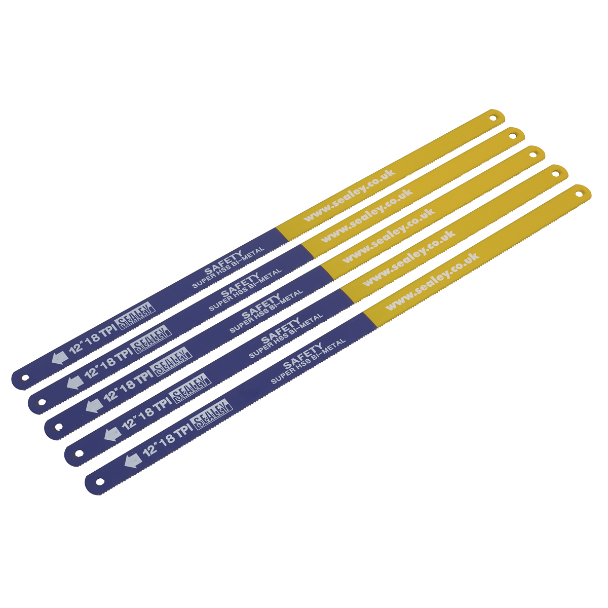 A pack of 5 Sealey Hacksaw Blades, model HSB0518, featuring a 300mm flexible bi-metal HSS design with 18 TPI, is laid out in a fan formation.