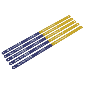 A pack of 5 Sealey Hacksaw Blades, model HSB0518, featuring a 300mm flexible bi-metal HSS design with 18 TPI, is laid out in a fan formation.
