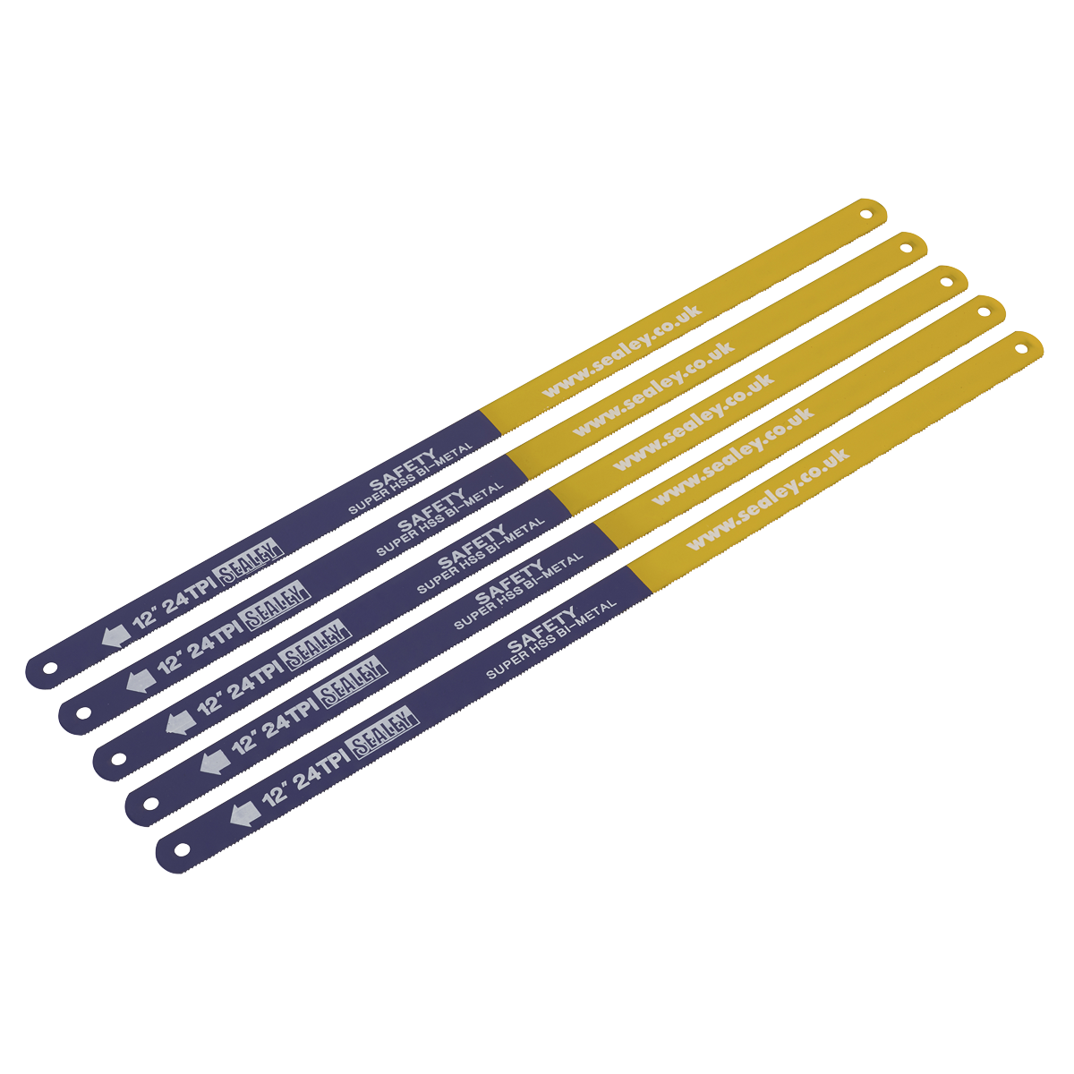 Five Sealey Hacksaw Blades, 300mm HSS Bi-Metal 24tpi Pack of 5 (HSB0524), designed for superior performance across a wide range of materials.