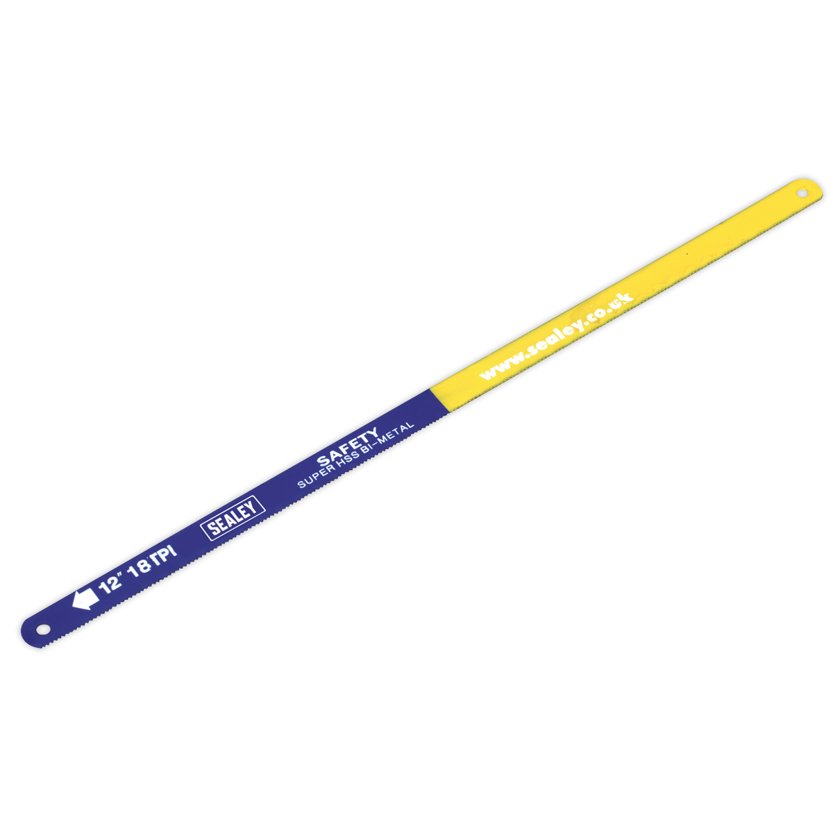 This pack of 10 Hacksaw Blade 300mm HSS Bi-Metal 18tpi - HSB1018 from Sealey features durable blue and yellow "Safety" blades, each equipped with mounting holes at both ends for secure fitting.