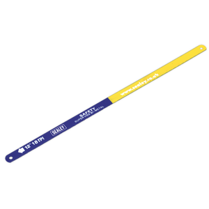 This pack of 10 Hacksaw Blade 300mm HSS Bi-Metal 18tpi - HSB1018 from Sealey features durable blue and yellow "Safety" blades, each equipped with mounting holes at both ends for secure fitting.