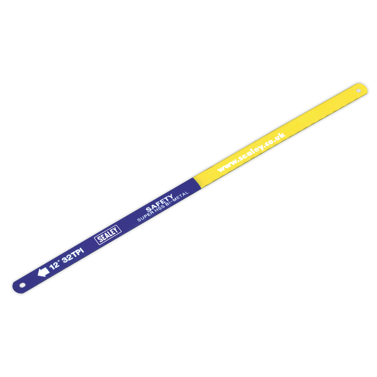 A yellow and blue hacksaw blade labeled "Sealey Hacksaw Blade 300mm HSS Bi-Metal 32tpi Pack of 10 - HSB1032" with a website URL. The 12-inch (300mm) flexible bi-metal HSS blade features a pitch of 32tpi and is available in a pack of ten.