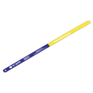 A yellow and blue hacksaw blade labeled "Sealey Hacksaw Blade 300mm HSS Bi-Metal 32tpi Pack of 10 - HSB1032" with a website URL. The 12-inch (300mm) flexible bi-metal HSS blade features a pitch of 32tpi and is available in a pack of ten.