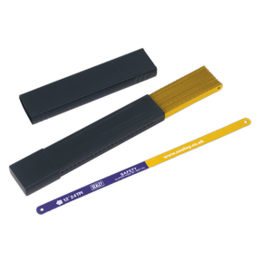 Image of a yellow, 300mm Sealey Hacksaw Blade from the HSB5024 pack of 50, partially inserted into a black plastic case with the lid placed nearby. The blade, boasting a flexible bi-metal HSS construction with 24 teeth per inch (tpi), has safety instructions and a website link printed on it.