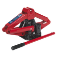 The Sealey Hydraulic Scissor Jack 700kg - HSJ07 is a red emergency mobile jack designed for lifting vehicles, featuring a detachable handle and a label with specifications.