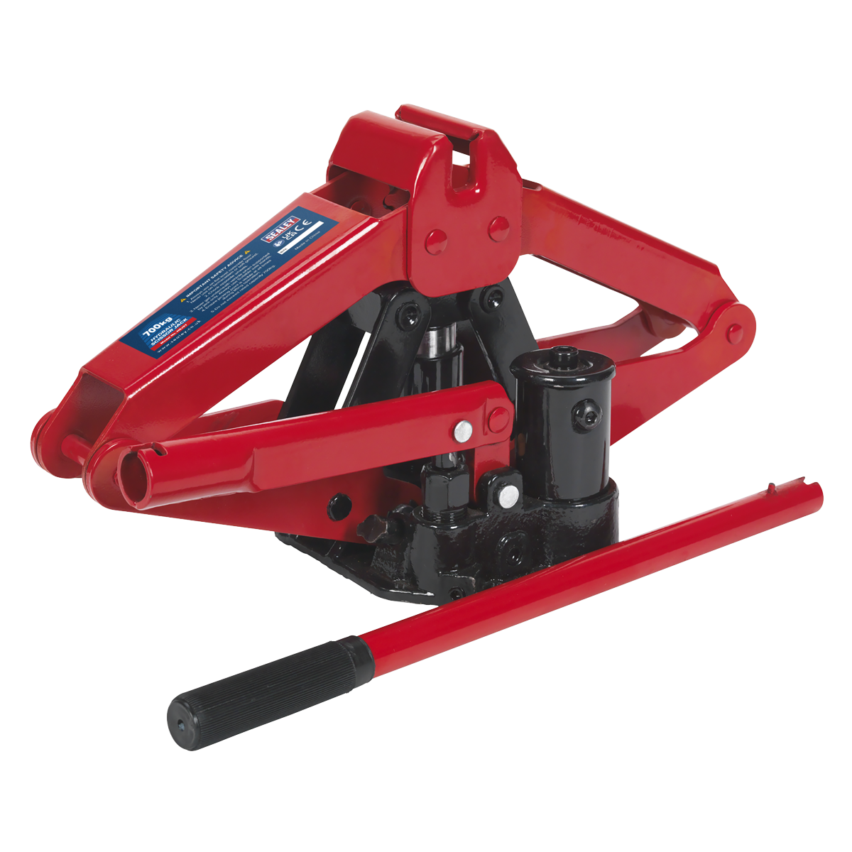 The Sealey Hydraulic Scissor Jack 700kg - HSJ07 is a red emergency mobile jack designed for lifting vehicles, featuring a detachable handle and a label with specifications.