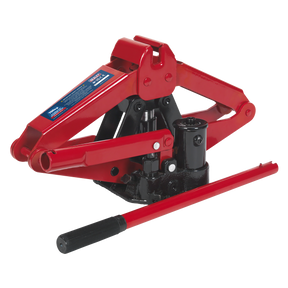 The Sealey Hydraulic Scissor Jack 700kg - HSJ07 is a red emergency mobile jack designed for lifting vehicles, featuring a detachable handle and a label with specifications.