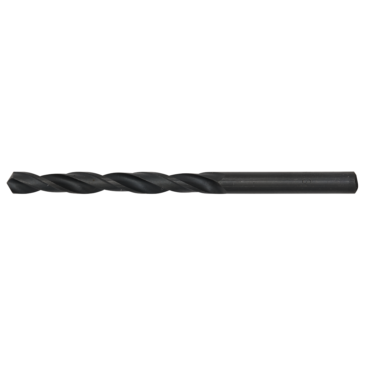 The Sealey HSS Twist Drill Bit Ø6mm - HSS6 is a black metal twist drill bit with spiral flutes and a cylindrical shank, designed for drilling into various materials.