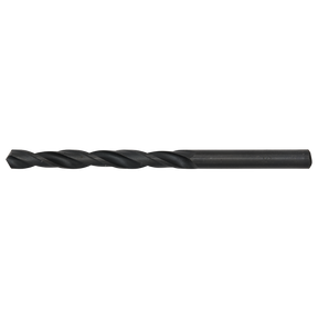The Sealey HSS Twist Drill Bit Ø6mm - HSS6 is a black metal twist drill bit with spiral flutes and a cylindrical shank, designed for drilling into various materials.