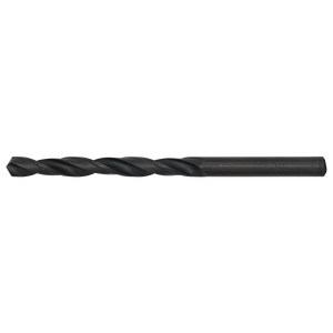 The Sealey HSS Twist Drill Bit Ø6mm - HSS6 is a black metal twist drill bit with spiral flutes and a cylindrical shank, designed for drilling into various materials.