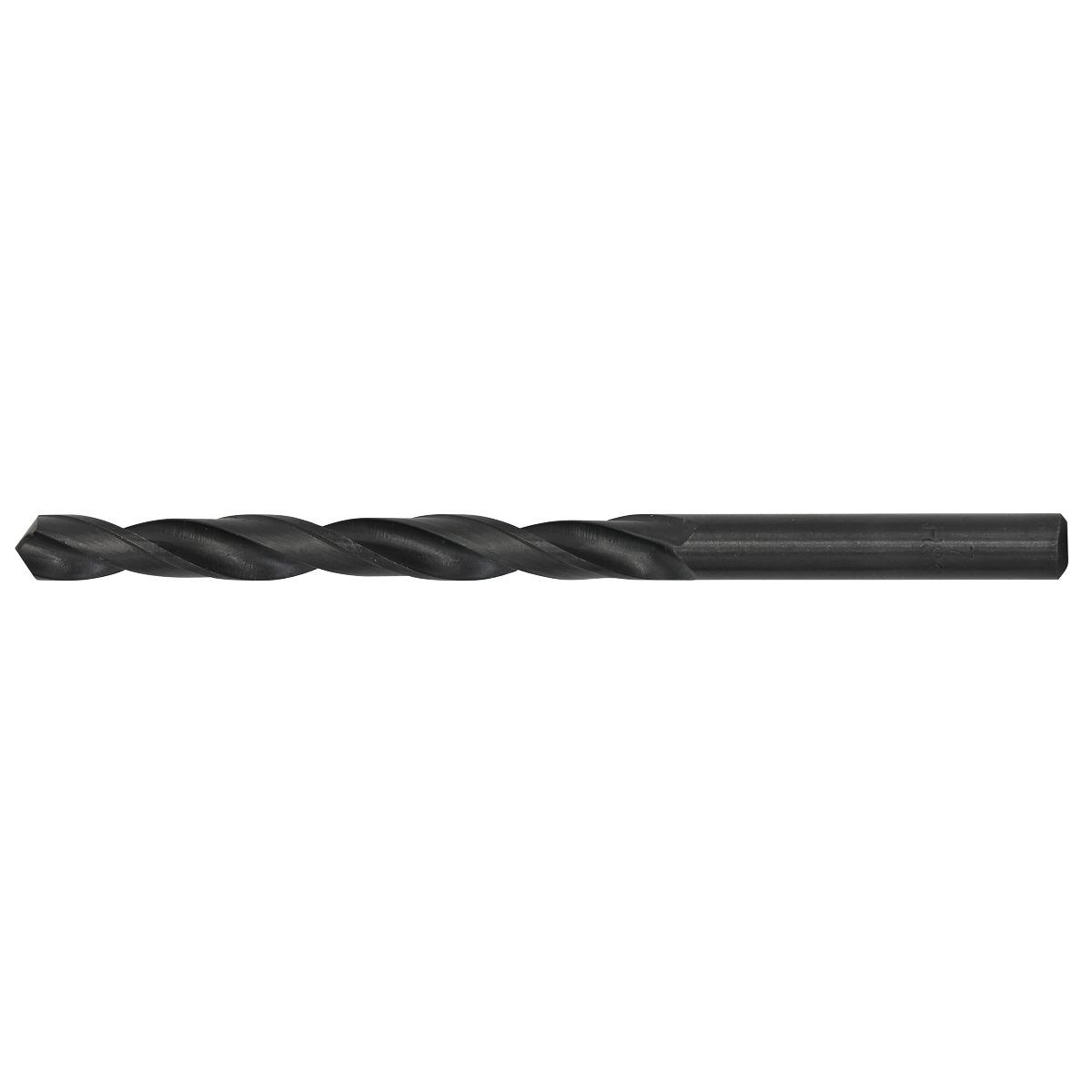 Close-up of the HSS Twist Drill Bit Ø7mm - HSS7 from Sealey, featuring a black cylindrical body and helical flute design, ideal for cutting holes in materials like metal or wood.