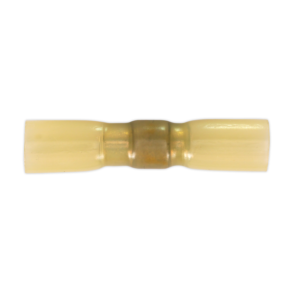 A yellow, cylindrical Heat Shrink Butt Connector with Crimp & Solder from Sealey, designed for joining electrical wires with a metal interior and suitable for cable size 12-10 AWG; available in a pack of 25 (HSSB25Y).