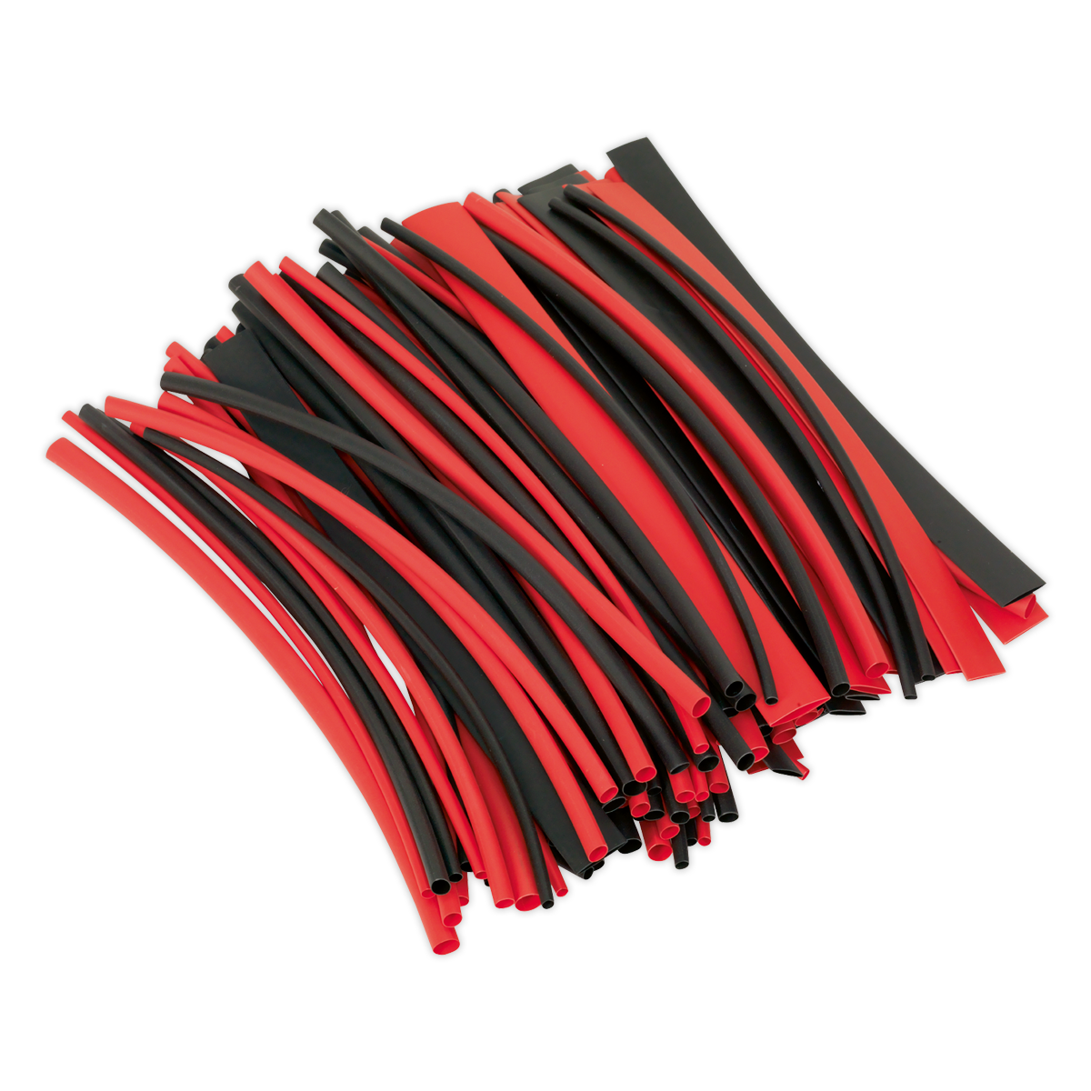 A collection of Sealey Heat Shrink Tubing in black and red, each 200mm long with a 2:1 shrink ratio, is arranged on a white background. The set includes 100 pieces under product code HST200BR.