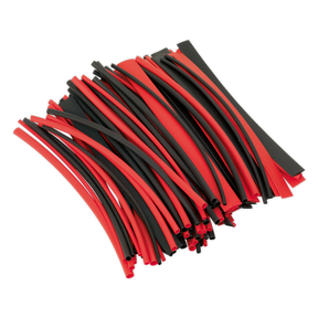 A collection of Sealey Heat Shrink Tubing in black and red, each 200mm long with a 2:1 shrink ratio, is arranged on a white background. The set includes 100 pieces under product code HST200BR.