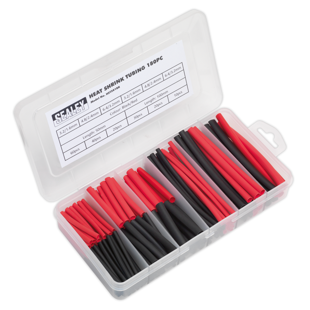 The Sealey Heat Shrink Tubing Assortment 180pc (HST501BR) includes 50mm and 100mm thin wall heat shrink tubes, featuring a 2:1 shrink ratio, in black and red. The tubes are organized in compartments within a plastic case and comply with RoHS standards.