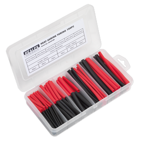 The Sealey Heat Shrink Tubing Assortment 180pc (HST501BR) includes 50mm and 100mm thin wall heat shrink tubes, featuring a 2:1 shrink ratio, in black and red. The tubes are organized in compartments within a plastic case and comply with RoHS standards.