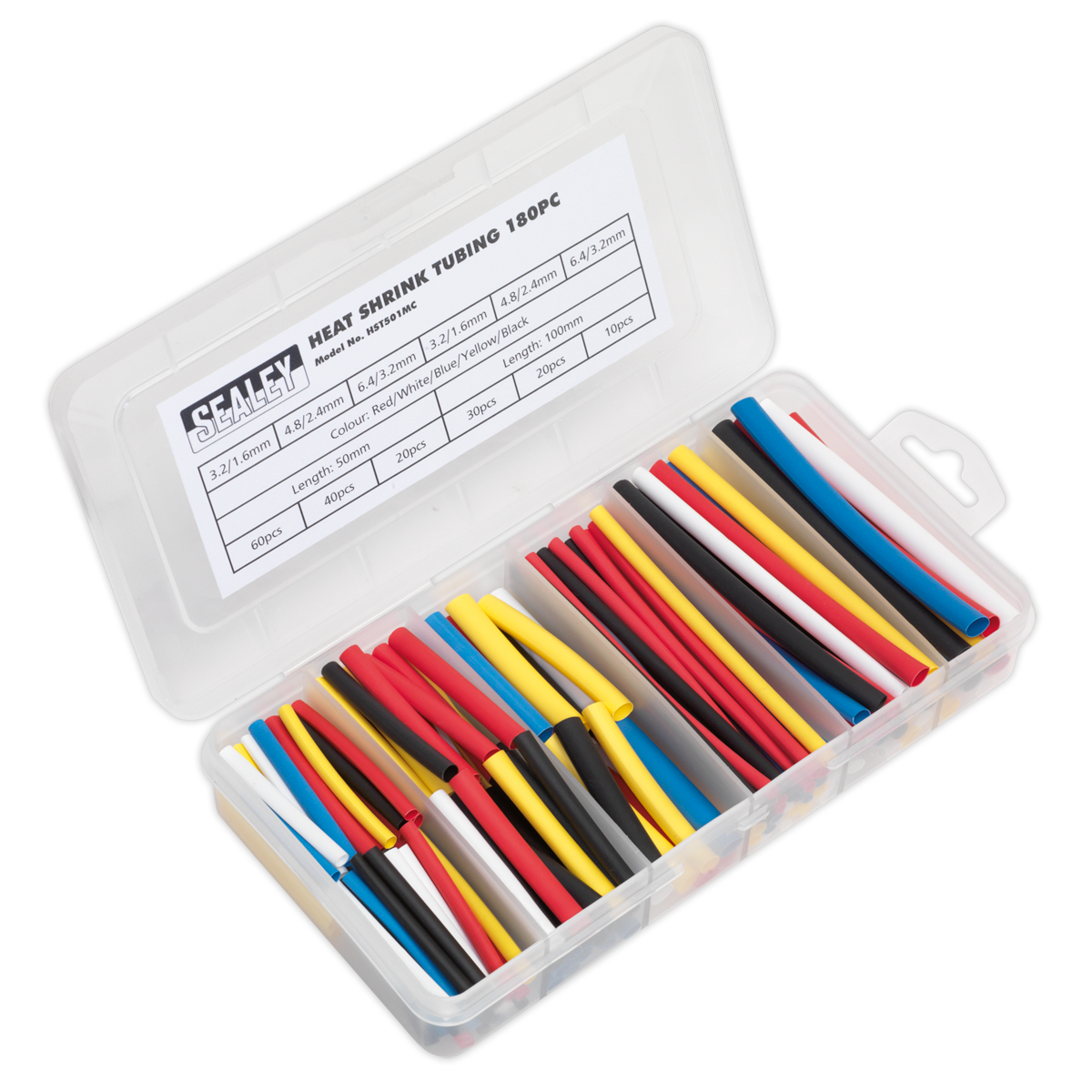 The Sealey Heat Shrink Tubing Assortment 180pc 50 & 100mm Mixed Colours - HST501MC is displayed in a plastic case. The heat shrink tubes, which comply with RoHS standards, are available in various sizes and mixed colors. They are neatly organized in compartments, each labeled with their dimensions and quantities.