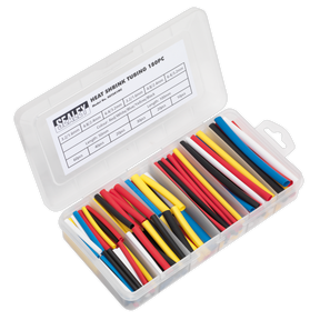 The Sealey Heat Shrink Tubing Assortment 180pc 50 & 100mm Mixed Colours - HST501MC is displayed in a plastic case. The heat shrink tubes, which comply with RoHS standards, are available in various sizes and mixed colors. They are neatly organized in compartments, each labeled with their dimensions and quantities.
